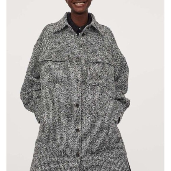 Women’s H&M Long Black White Herringbone Button Up Shacket Jacket Coat Medium - Picture 1 of 11